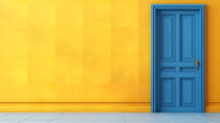 Abstract interior with a yellow door and blue backdrop and empty space, Generative AI.