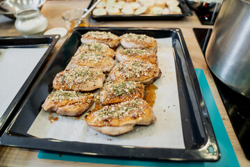 Tasty roasted duck breast pieces in restaurant with added spices and flavours close up