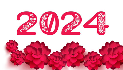 Happy new year 2024. Greeting card with red flowers.