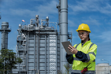 worker with helmet. Worker  woman hand hold tablet working  with power plant on background. Portrait engineer working on power plant.