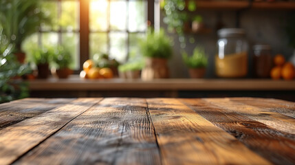 Wooden table with blurred kitchen background. Image for food blogger, advertising campaign, post, banner or billboard. Bg of food preparation. Cooking in modern stylish kitchen. Wood countertop
