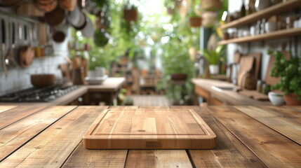 Wooden table with blurred kitchen background. Image for food blogger, advertising campaign, post, banner or billboard. Bg of food preparation. Cooking in modern stylish kitchen. Wood countertop