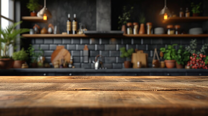 Wooden table with blurred kitchen background. Image for food blogger, advertising campaign, post, banner or billboard. Bg of food preparation. Cooking in modern stylish kitchen. Wood countertop