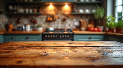 Wooden table with blurred kitchen background. Image for food blogger, advertising campaign, post, banner or billboard. Bg of food preparation. Cooking in modern stylish kitchen. Wood countertop
