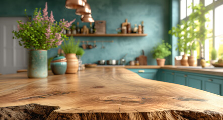 Wooden table with blurred kitchen background. Image for food blogger, advertising campaign, post, banner or billboard. Bg of food preparation. Cooking in modern stylish kitchen. Wood countertop