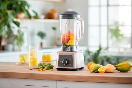 blender full of fresh sliced fruits and ice on kitchen countertop. Making fruit smoothie. Healthy eating concept.