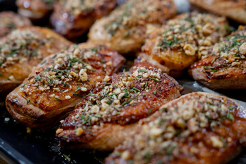 Tasty roasted duck breast pieces in restaurant with added spices and flavours close up