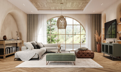 Modern interior design of living room. Contemporary home interior. 3D Rendering, 3D Illustration