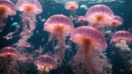 Fototapeta na wymiar beauty of pink transparent jellyfishes, their delicate forms dancing in the depths of the blue sea, illuminated by the gentle glow of bubbles