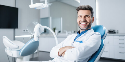 Smile, Care, Expertise: A Cheerful Dentist, a Symbol of Dental Health and Professionalism, Standing in a Clinical Environment