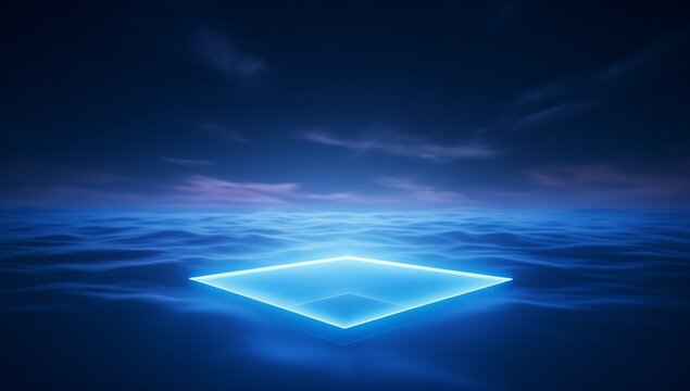 Neon Blue Square, Luxe Geometry on Cloudy Background with Rays, Modern Abstract Design - Powered by Adobe