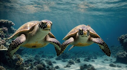 Two turtle in the crystial blue water  gliding in water