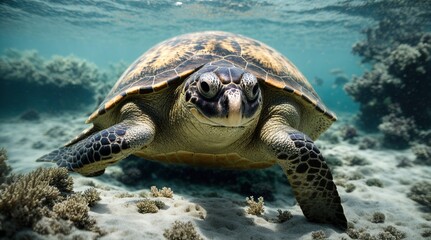 Obraz premium turtle in the crystal blue water gliding in water