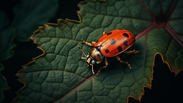 Macro Red Beetle, Black Spots on Leaf, Insect in Nature, Close-up Image of Natural Wildlife