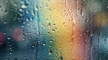 raindrops over the rainbow from car window, pastel tone, rainy day, hyperrealism