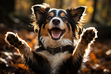 A border collie dog is sitting and holding its front paws up.
