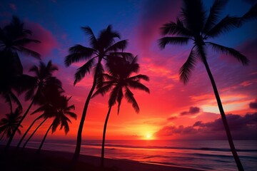 Fototapeta na wymiar Tropical Beach Sunset, Palm Trees Silhouetted Against Evening Sky, Ideal for Centered Text Placement