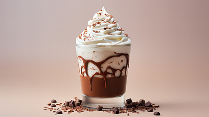 Decadent Chocolate Frappe with Whipped Cream, Indulgent glass of chocolate frappe drizzled with syrup and topped with a generous swirl of whipped cream, set against a soft background. - obrazy, fototapety, plakaty