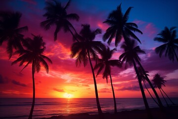 Fototapeta na wymiar Tropical Beach Sunset, Palm Trees Silhouetted Against Evening Sky, Ideal for Centered Text Placement