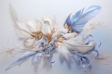 Feather Drawing, White and Blue with Gold Accents, Minimalist Style, Elegant Arrangement