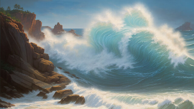 painting of a wave crashing on rocks
