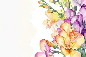 Art floral background with Freesia flowers, copy space.