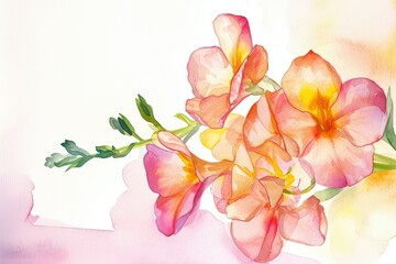 Background with watercolor Freesia flowers, copy space.
