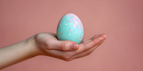 Fototapeta na wymiar Chicken egg with Easter drawing is on child palm isolated on peach background, close up side view