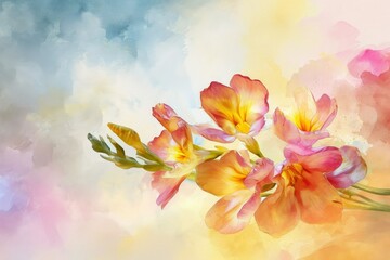 Background with watercolor Freesia flowers, copy space.
