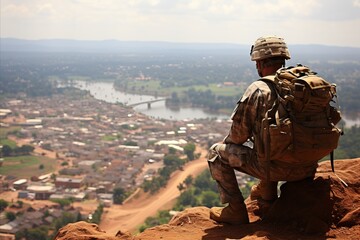 Fototapeta premium Vigilant military officer stationed on a strategic hill overseeing the bustling cityscape
