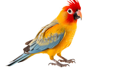 A vibrant parrot perches on a branch, its colorful feathers of yellow and orange contrasting against its fiery red head, showcasing the diverse beauty of wildlife