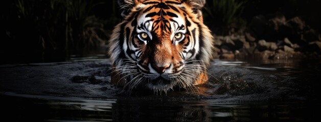 an Amur tiger walking gracefully in the water, a minimalist modern style to emphasize the wild cat's natural habitat, capturing the essence of its beauty and power with simplicity.