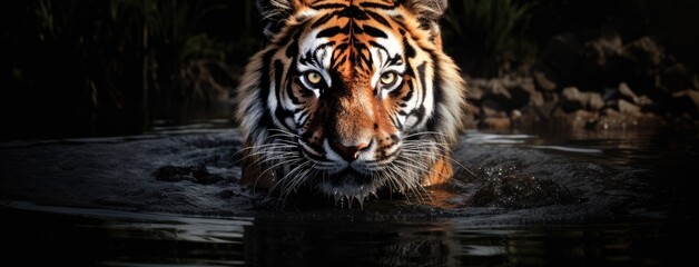 Fototapeta premium an Amur tiger walking gracefully in the water, a minimalist modern style to emphasize the wild cat's natural habitat, capturing the essence of its beauty and power with simplicity.