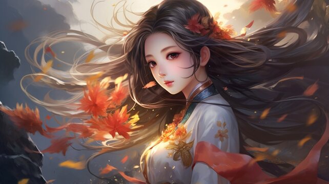Beautiful anime girl japanese temple with reflection sky sun image Ai generated art
