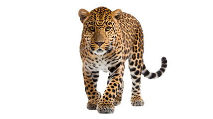 A majestic african leopard prowls through the darkness, its powerful presence and sleek fur...