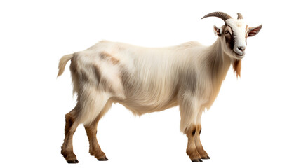 A majestic white goat with impressive horns stands tall, embodying the wild beauty and strength of a feral goatantelope in its natural habitat