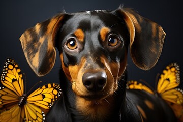 Portrait of dachshund close up with chameleon butterflies.
