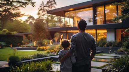 Back view of a contented family standing and hugging while gazing at their modernist home, Generative AI.
