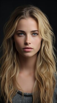 Beautiful blonde Irish girl with a grey backdrop in her portrait, Generative AI.