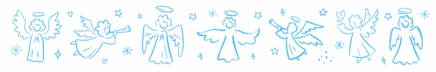 Vector horizontal collection of angels hand-drawn in doodle style. - obrazy, fototapety, plakaty
