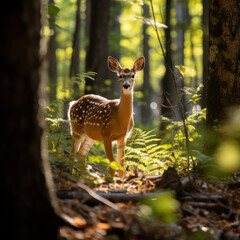 Spotted Beauty: A Young Whitetail Deer Doe, Cute and Curious, in the Lush Green Forest
