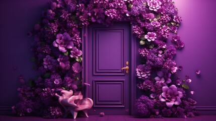 Beautiful volumetric flowers adorn a purple door situated against a blank, purple backdrop, Generative AI.