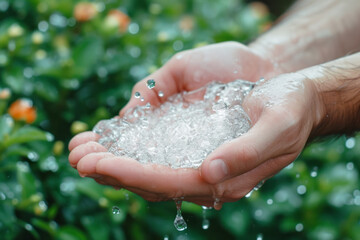 Hands holding clean water against natural background, World water day concept
