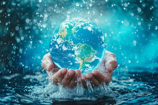 Hands take the Earth out of the water, World water day concept