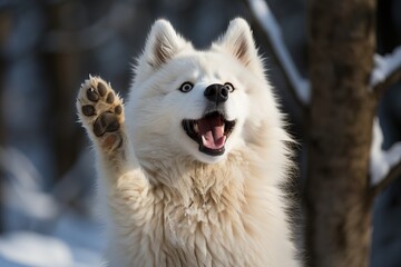 Obraz premium A Siberian husky in the forest holds its front paws up.