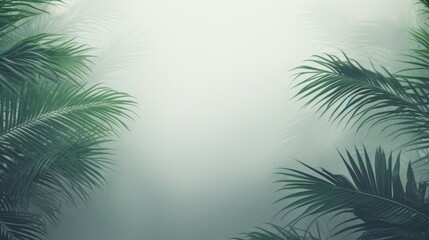 Fototapeta na wymiar palm tree branches in a jungle forest enveloped in fog and haze, a minimalist modern style, highlighting the texture of the tropics and evoking a sense of tranquility and mystique.