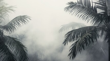 palm tree branches in a jungle forest enveloped in fog and haze, a minimalist modern style, highlighting the texture of the tropics and evoking a sense of tranquility and mystique.