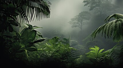 palm tree branches in a jungle forest enveloped in fog and haze, a minimalist modern style, highlighting the texture of the tropics and evoking a sense of tranquility and mystique.