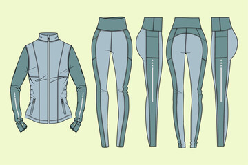 Funnel neck zip-through sweatshirt sports training leg slim trousers and long sleeve jacket flat technical template for your design. Front, back, and side view. Vector illustration.