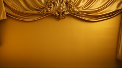 Vibrant yellow room with a luxurious gold curtain and a reflective mirror